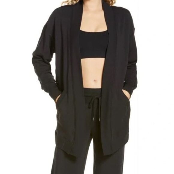 Zella | Women's Black Peaceful Open Front Fleece Cardigan - Size M - Picture 1 of 11